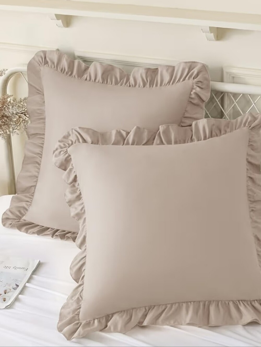 Set Of 2 Ruffled Decorative Pillow Shams in Taupe - Soft Neutral Accent 26 X 26
